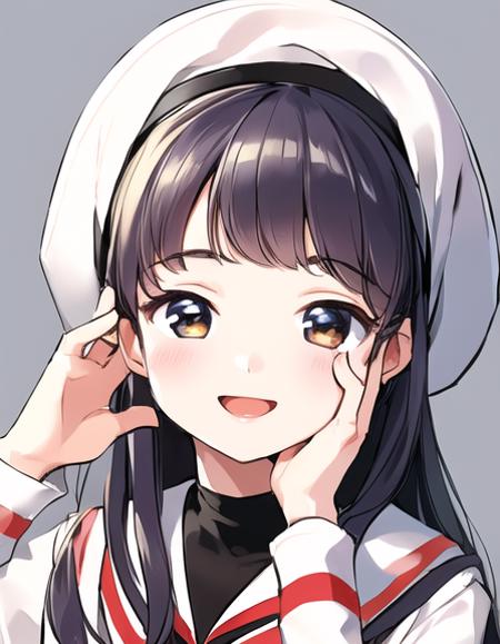 02477-2701747106-masterpiece,best quality,1girl,tomoyo_1.3,school uniform,detailed face,white headwear,smile,hand_on_own_cheek, hand_on_own_face,.png